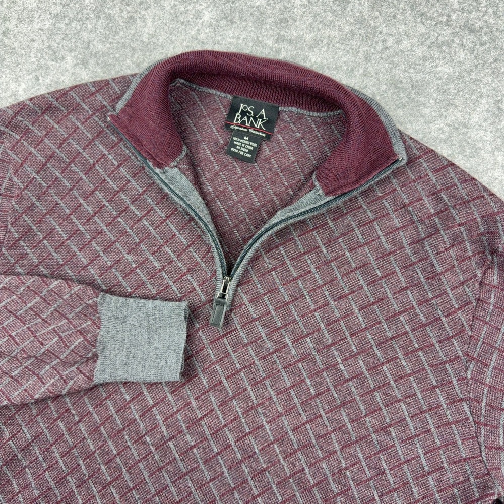 Jos A Bank Signature Quarter Zip Sweater Mens M Burgundy Gray Merino Wool Golf